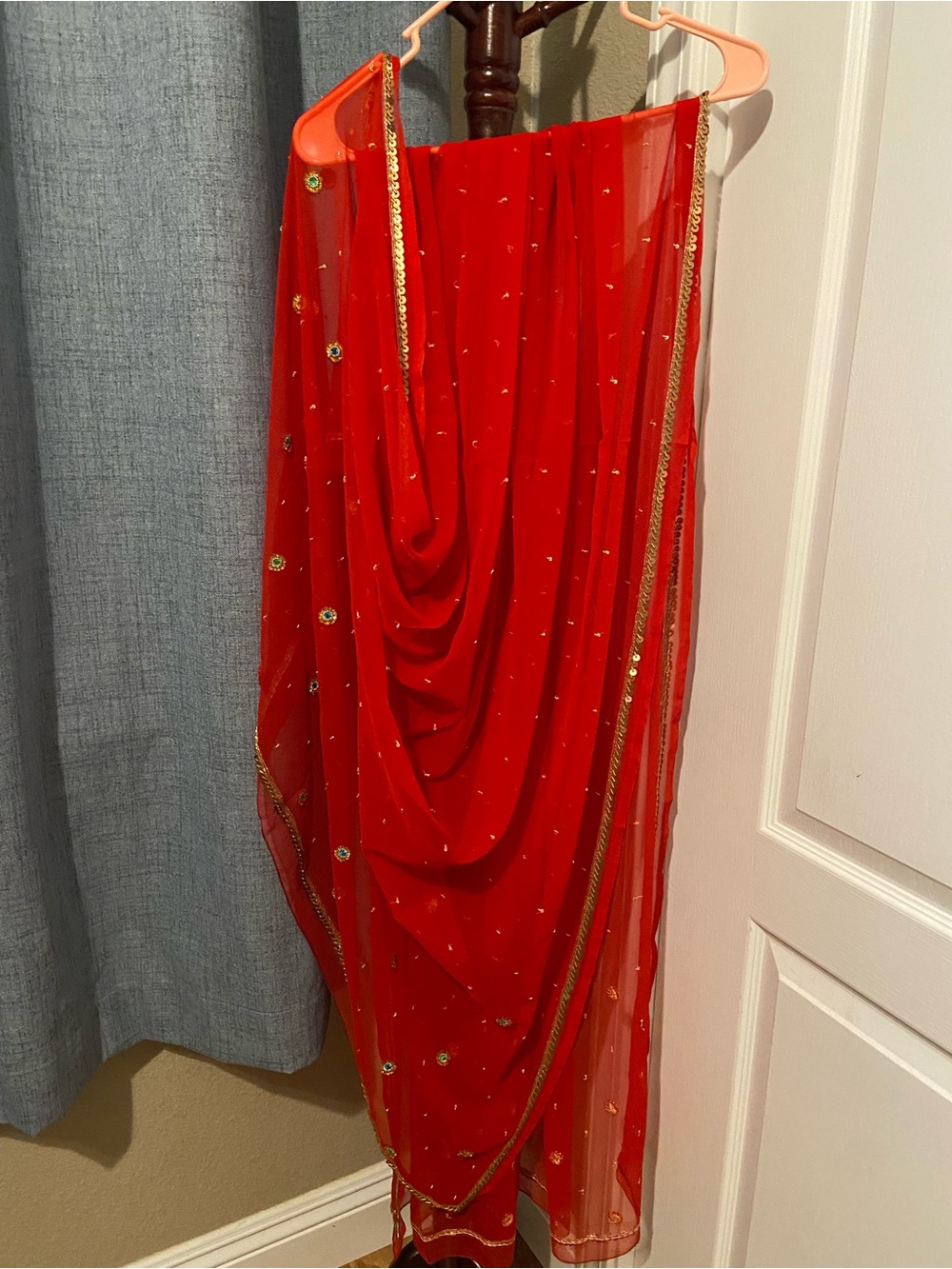 Vintage Red Embellished Indian Women’s Scarf Dupatta Shawl Veil with Gold Trim